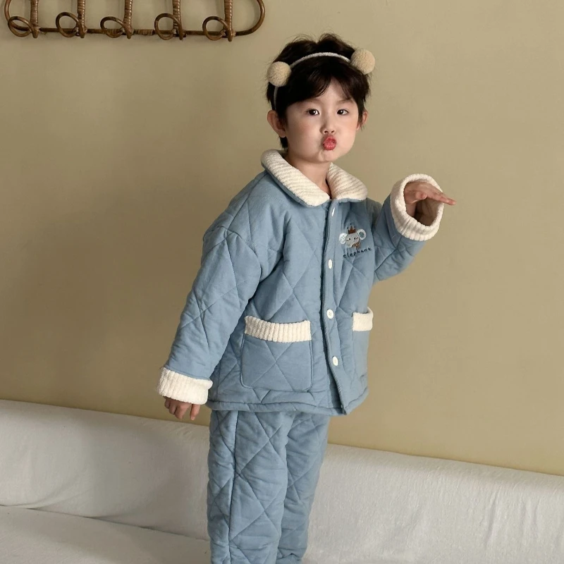 

Детский трехслойный стеганый пижамный комплект, плюшевая домашняя одежда для мальчиков и девочек, зимняя одежда для сна