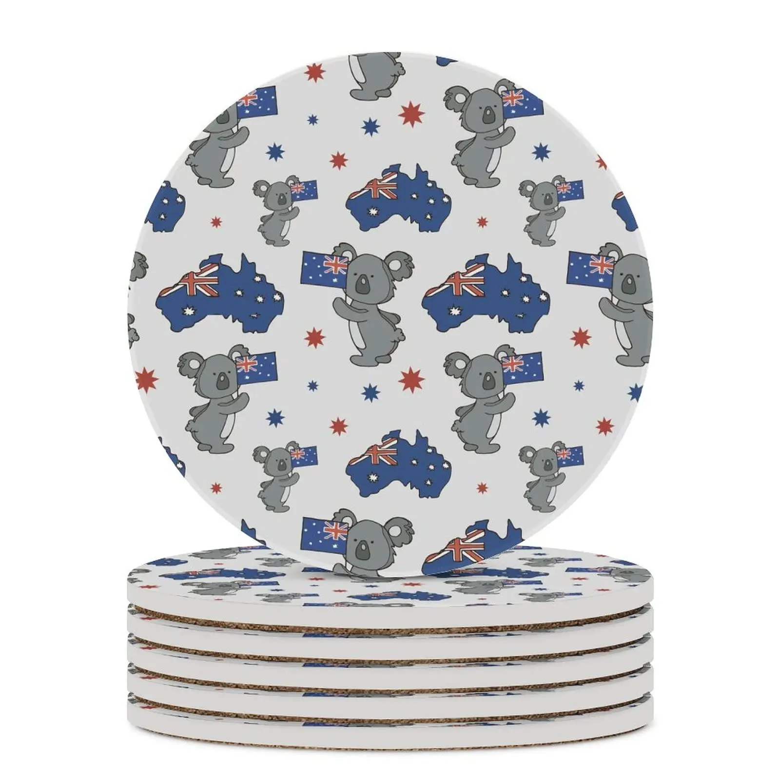 Sleeping Koala Printed Ceramic Coasters for Drinks Coffee Absorbent Round Ceramic Coaster for Mugs and Cups Tabletop Protection