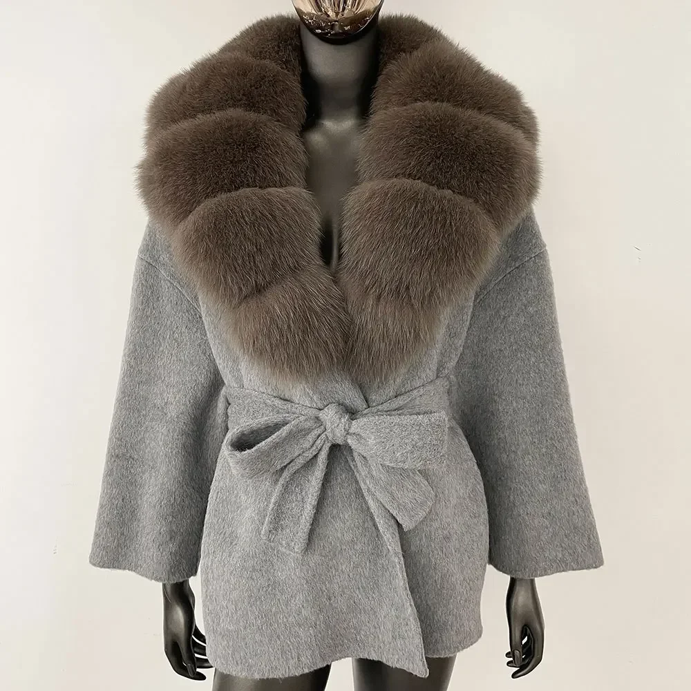 Natural Real Raccoon Fox Fur Blends Wool Coat 2024 New Belt Pocket Winter Jacket Women Loose Outerwear Casual Streetwear