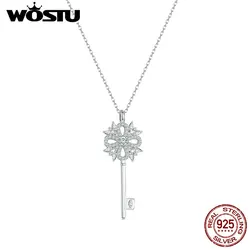 WOSTU Real 925 Sterling Silver Destiny Key Charm Necklace For Women Snowflake Clear Zircon Chain Necklaces Wedding Jewelry Gift