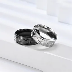 Fashion Men’s Silver Color Black Stainless Steel Ring Groove Multi-Faceted Ring for Men Women Engagement Ring Anniversary Gifts