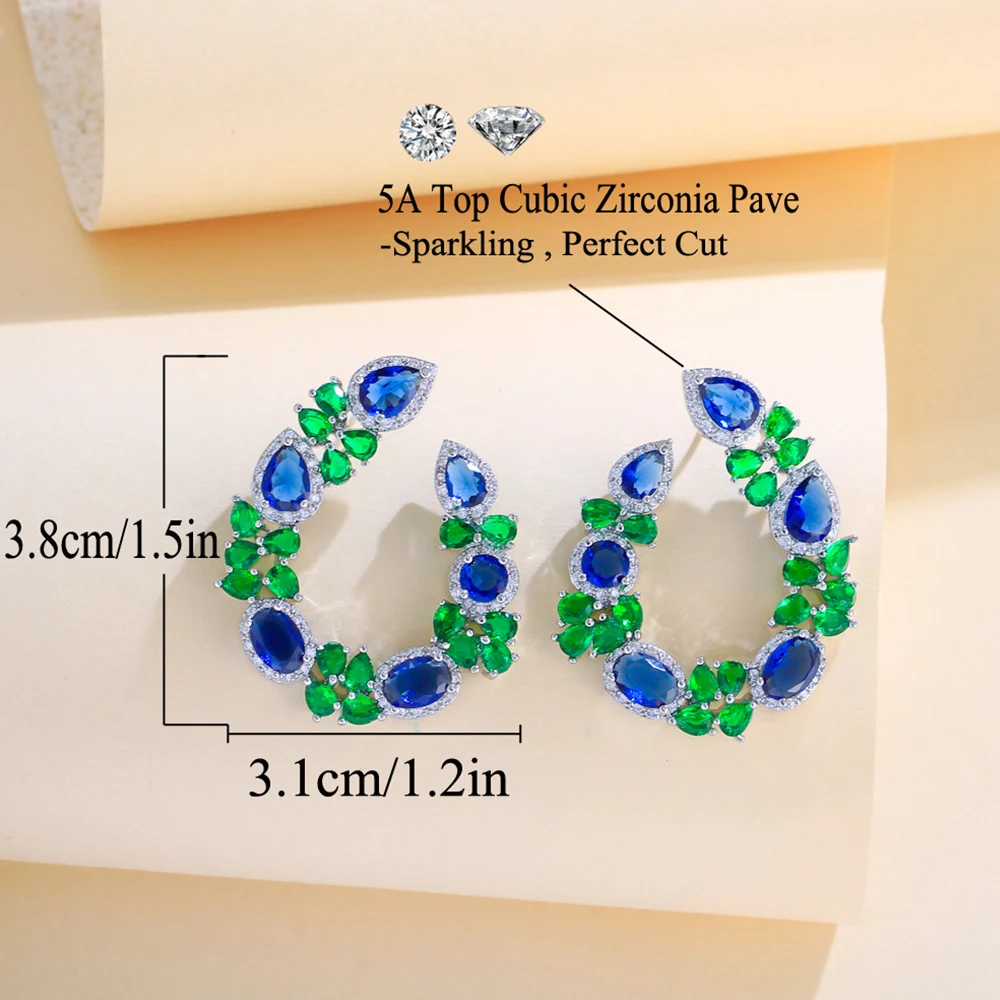 BeaQueen Unique Green Blue Cubic Zirconia Geometric Big Symmetry Stud Earrings Bridal Evening Party Jewelry Gifts for Women E690