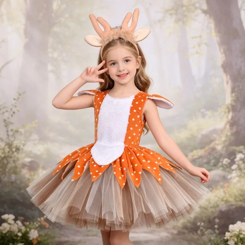 Cute Cartoon Elk Themed Puffy Skirt for Kids, Princess Dress for Holiday Party Performances, Tulle Skirt Set for Halloween Shows