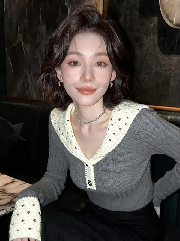 Unique Autumn Winter Spicy Girl Color Blo V Ne Knitted Long Sve Base irt Women Design Sensation Beautiful Inner Wear...