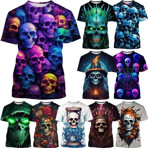 Dark Horror Skull Print T-Shirt Round Neck Short Sleeve Fashion Gothic Skull 3D Print T-Shirt Men's and Women's Casual Top