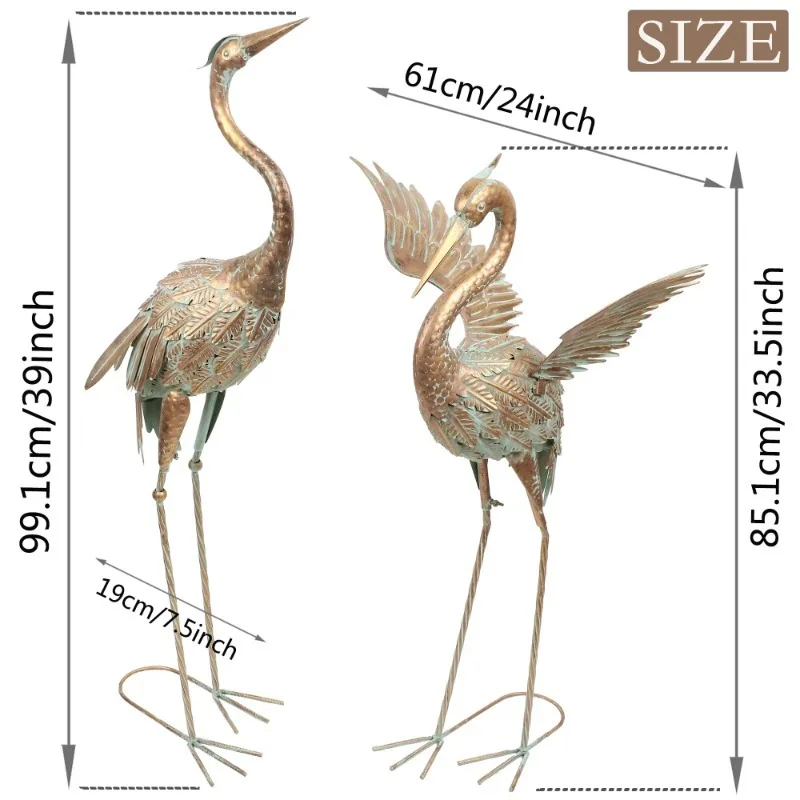 Crane Family Garden Statues for Outdoor, Sturdy Metal Yard Art for Patio Garden Decor, Gold Lawn Ornament for Mother\'s Day