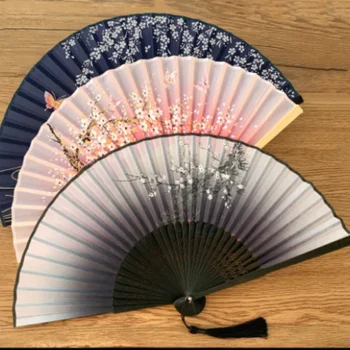 레트로 스타일 접이식 팬 여성 일본 패턴, 레트로 천 아트 공예 선물, 홈 장식 장식, 춤추는 핸드 팬
