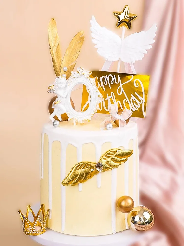 Cake Decoration European Style Angel Wings Feather Valentine's Day Classical Baroque Cake Topper Happy Birthday Party Supplies