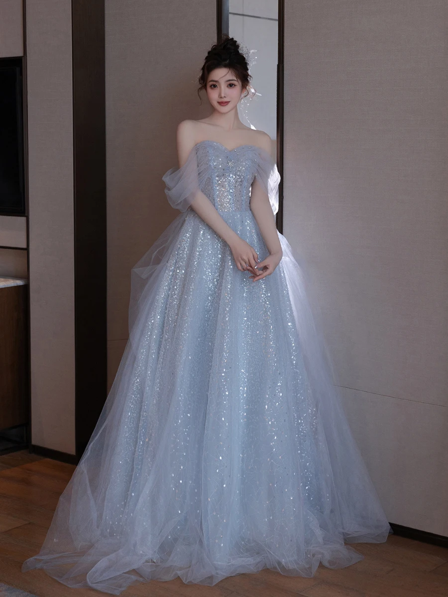 

Light Blue Grey Evening Dress Sweetheart Off The Shoulder De Graduación Temperament Prom Party Formal Occasion Dresses For Women