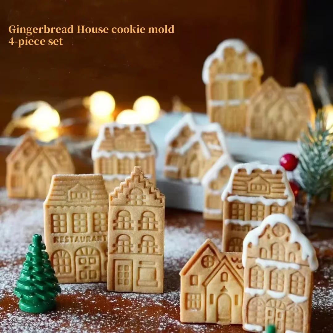 4Pcs Christmas Gingerbread House Cutters Cookie 3D Baking molds Fondant Cake Decoration pastry Biscuit Stamp Baking Accessories