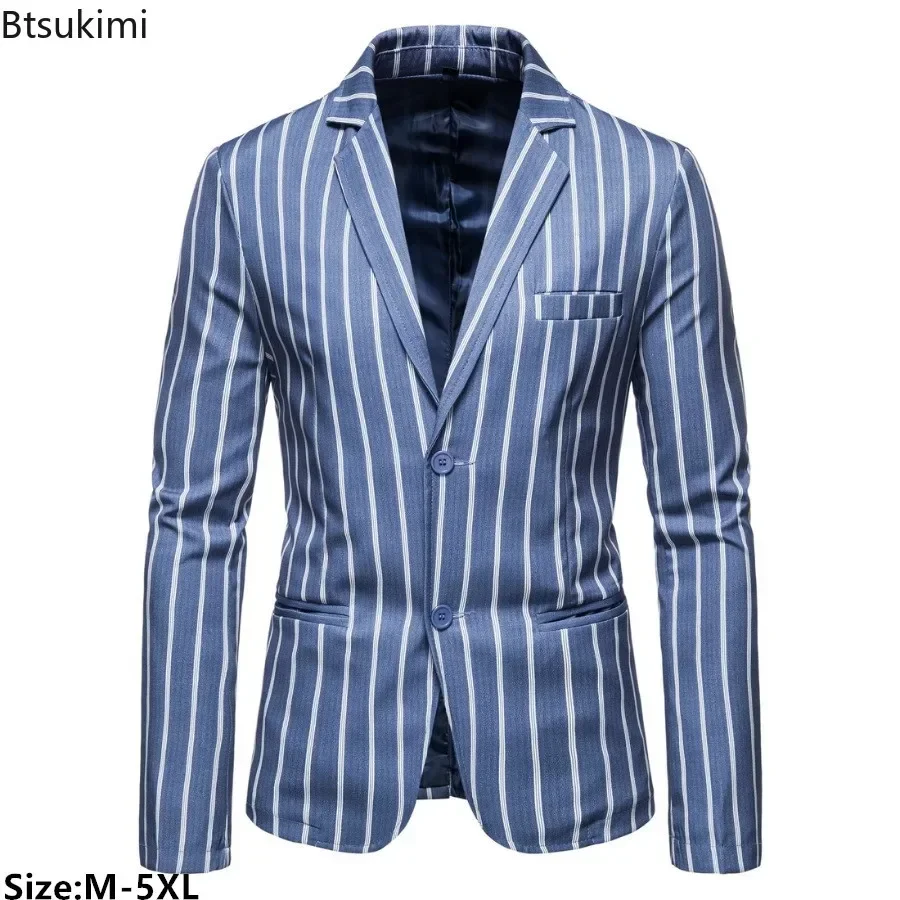 New 2025 Men's Casual Large Size Suit Jacket Fashion Blue Stripes Two Buttons Party Business Blazers Men Formal Blazer Jackets