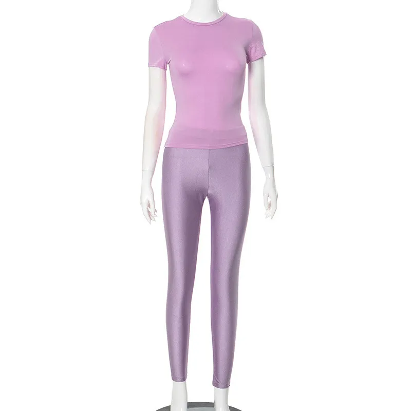 Vsstiar Short Sleeve O Neck Women T-Shirt High Waist Pencil Pants Fashion Solid Color Slim Casual Two Piece Set Streetwear Suit