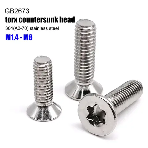 M1.4 M1.6 M2 M2.5 M3 M4 M5 M6 M8 GB2673 Six-Lobe Torx Flat Countersunk Head Screw Bolt 304 A2-70 Stainless Steel Length 3-100mm