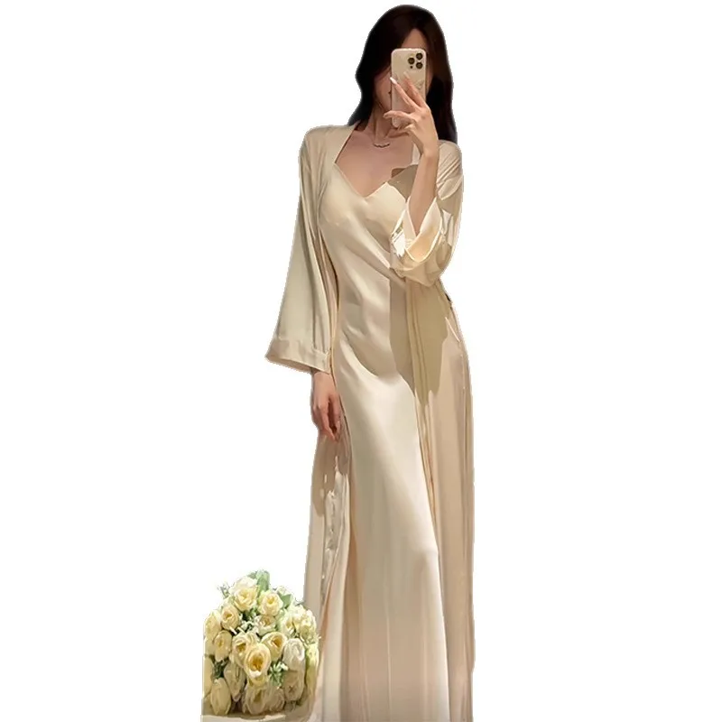 Silky Satin Bride Wedding Robe&gown Set Sexy Cross Backless Nightgown Bathrobe Pajamas New Women's Lingerie Sleepwear Homewear