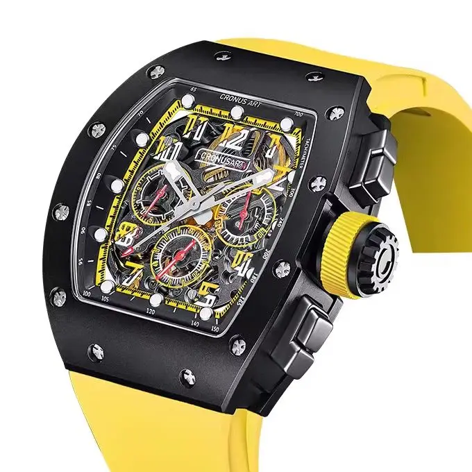 CRONUSART Men Chronograph Watch Tonneau Automatic Mechanical Wristwatch Sapphire Mirror FKM Strap Fluororubber Strap Luminous