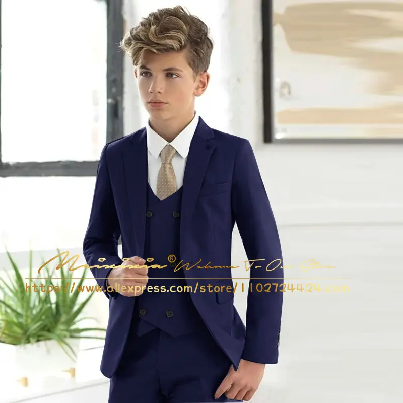 Casual Light Blue Boys Formal Suits Clothing Set Kids Coat Vest Pants 3Pcs Wedding Tuxedo Suit Children Blazer Party Costume