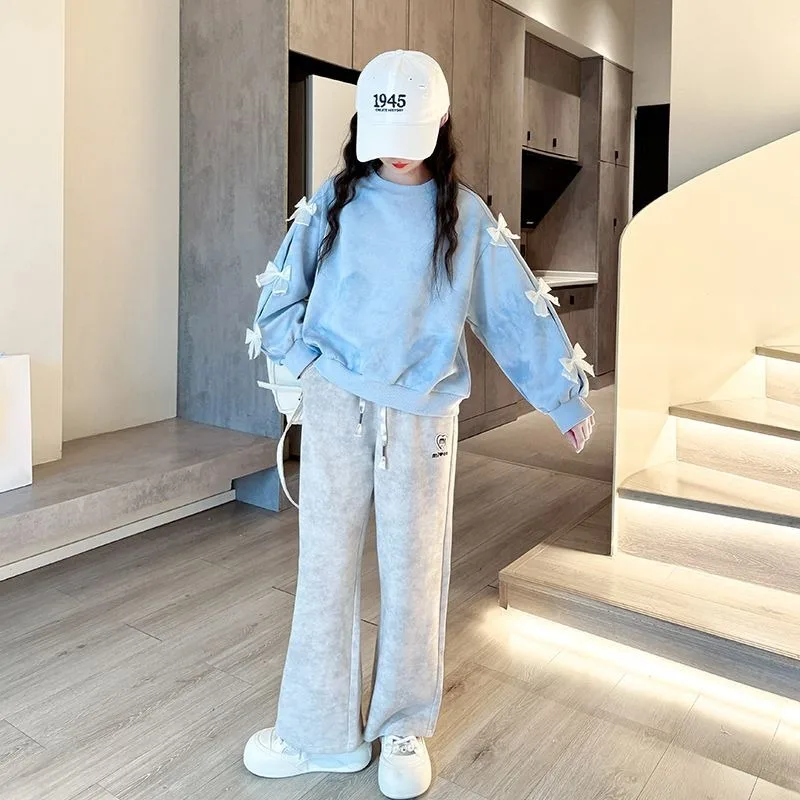 

Топ и брюки, комплект из 2 предметов, толстовка с бантом для девочек, две юбки, одежда для учащихся начальной школы, осенне-зимний наряд, детская одежда для девочек