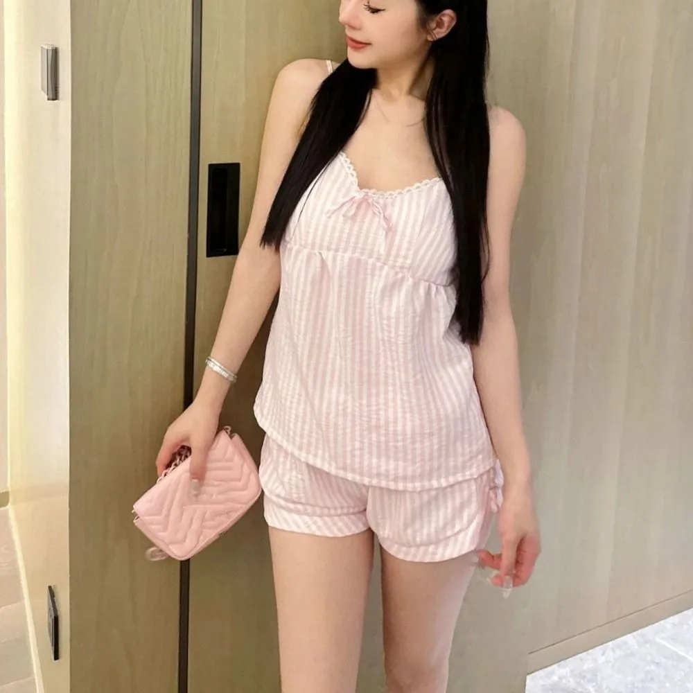 

Bowknot Lace Stripe Pajama Suit Sleeveless Loose Camisole Shorts Nightwear Slim Fit Women Sleepwear Two Pieces Pajama Sets