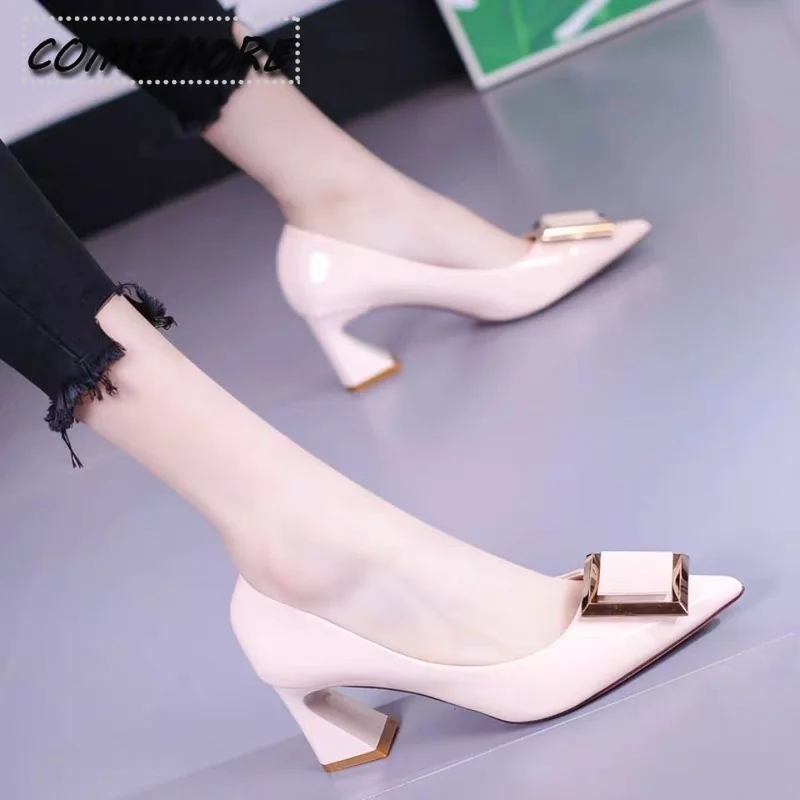 Women\'s Shoes Elegant High Heels Pink Leather Pointed Toe Luxury Pumps Fashion 2024 Trend Square Buckle OL Office Casual Shoes