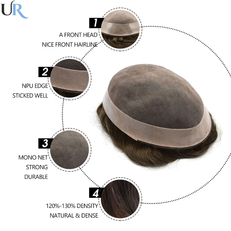 Fine Mono Men Toupee Durable Male Hair Prosthesis 130% Densit Natural Human Hair Replacement System Unit Man Hairpiece Men Wig