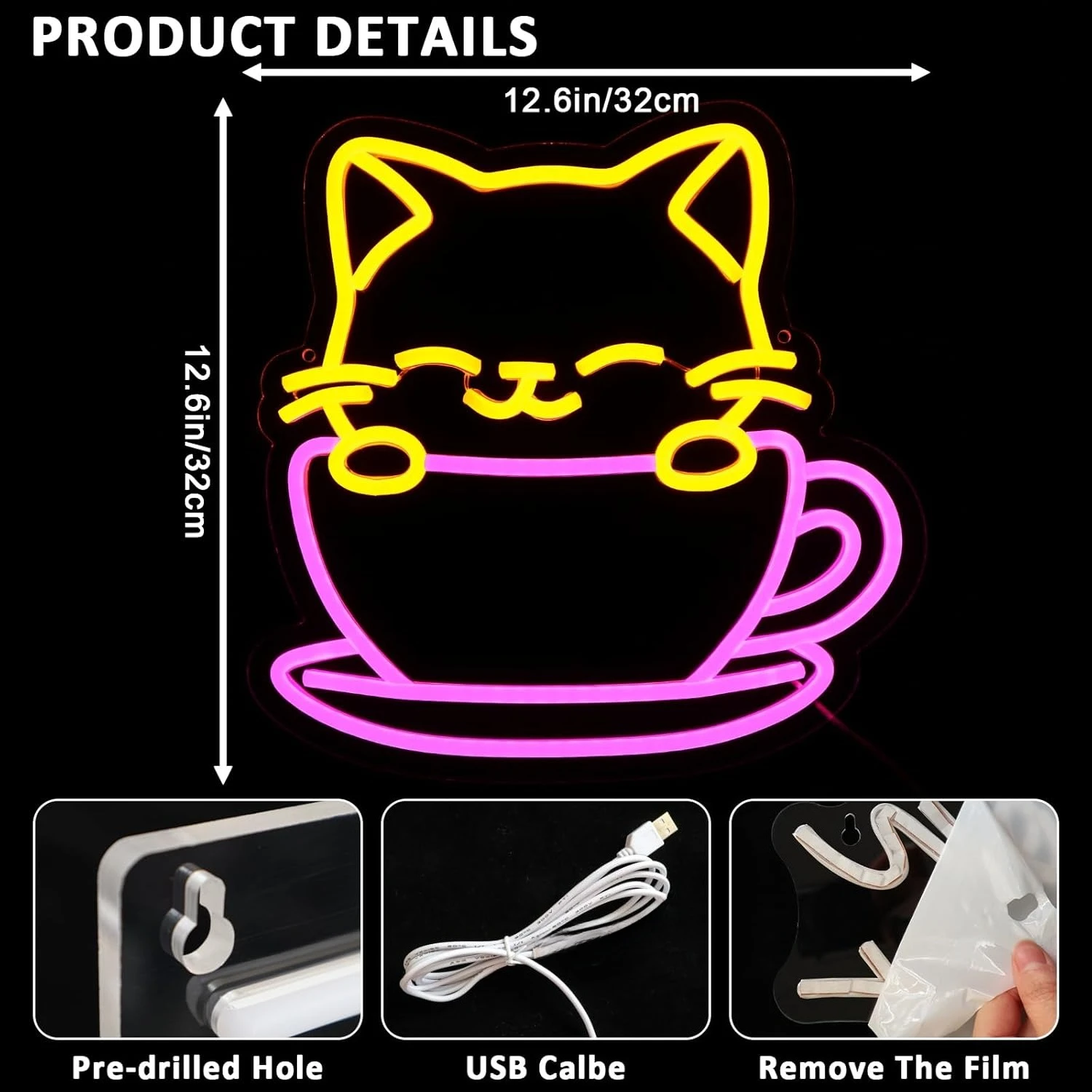 Coffee Cat Neon Sign Dimmable Neon Lights for Bar Drink Shop Kitchen Home Pub Restaurant Decor Aesthetics Draw Birthday Gifts
