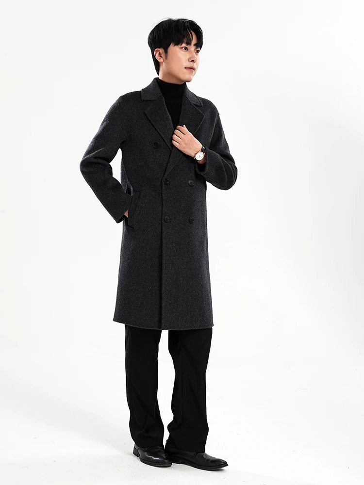 European and American Autumn and Winter New Double Breasted 100% Wool Men's Overcoat Long Handmade Double-Sided Woolen Coat