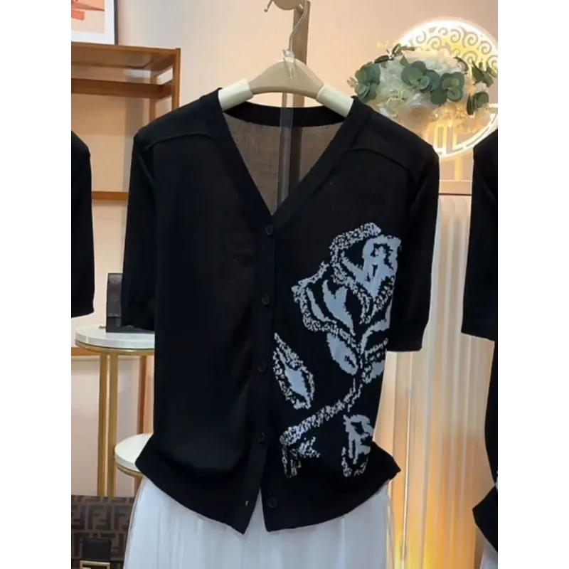 

Женский вязаный кардиган с V-образным вырезом, узором в виде роз и короткими рукавами, на пуговицах, повседневный топ