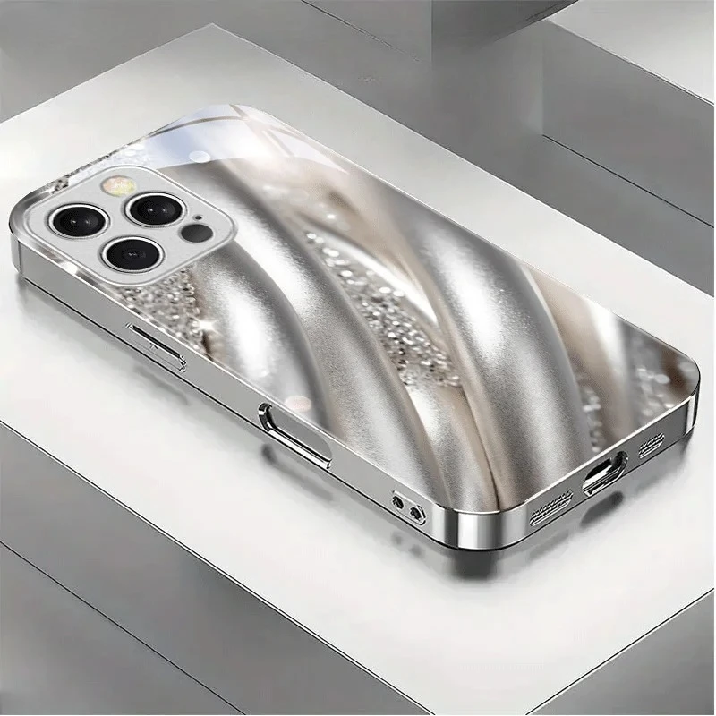 Smooth pattern silver-plated tempered glass phone case, suitable for iPhone 17, 16, 15, 14, 13, 12, 11, etc.