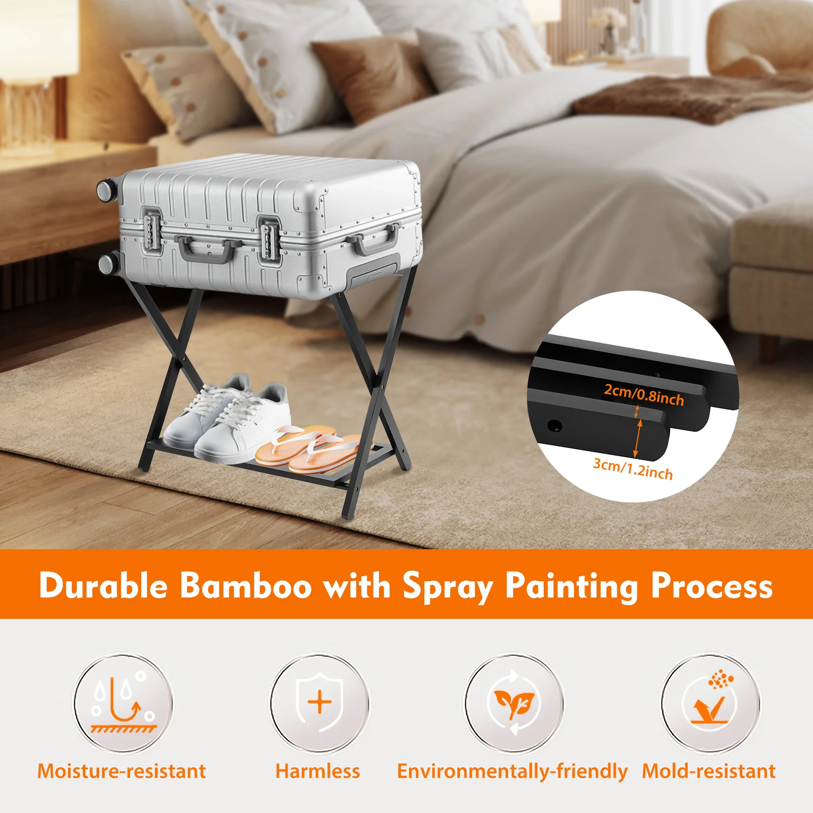 2-Layer Bamboo Luggage Rack Foldable Space-Saving Home Storage Holder for The Bedroom and Guest Room Portable Suitcase Rack