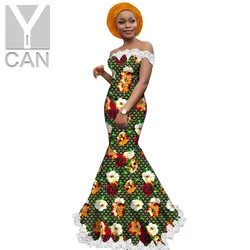 African Dresses for Women Mermaid Bazin Riche Print Lace Long Skirt with Headwrap Ankara Slim Fit Outfits Party Evening A1925053