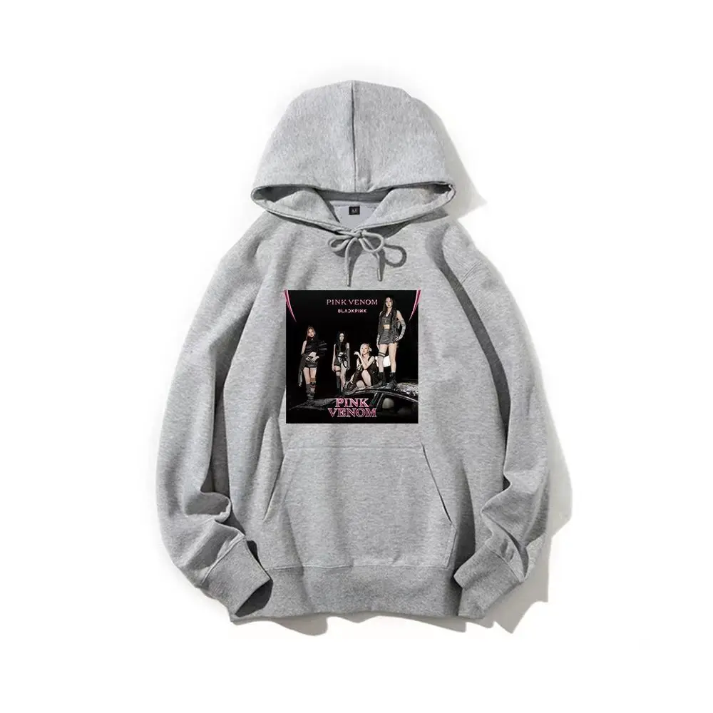 Korean Version of The Girl Group Album Pink Venom Print Hooded Sweater Couple Wear Ins Casual Autumn and Winter Loose Top Women