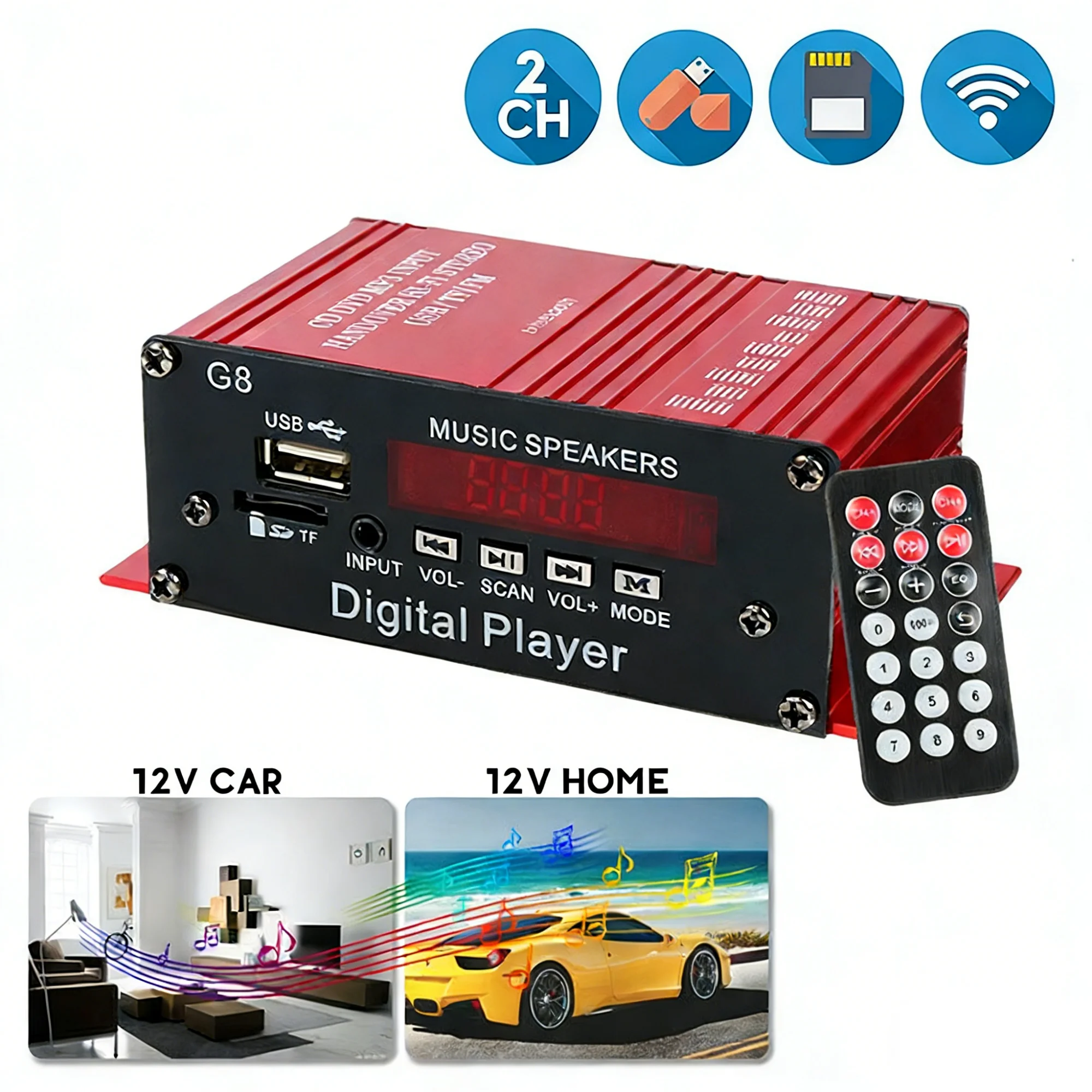 SIHAO Digital Amplifier Bluetooth Sound Amplifier 4 Channel HIFi FM Audio Amp AUX USB/TF/FM MP3 with Remote Control for Home Car