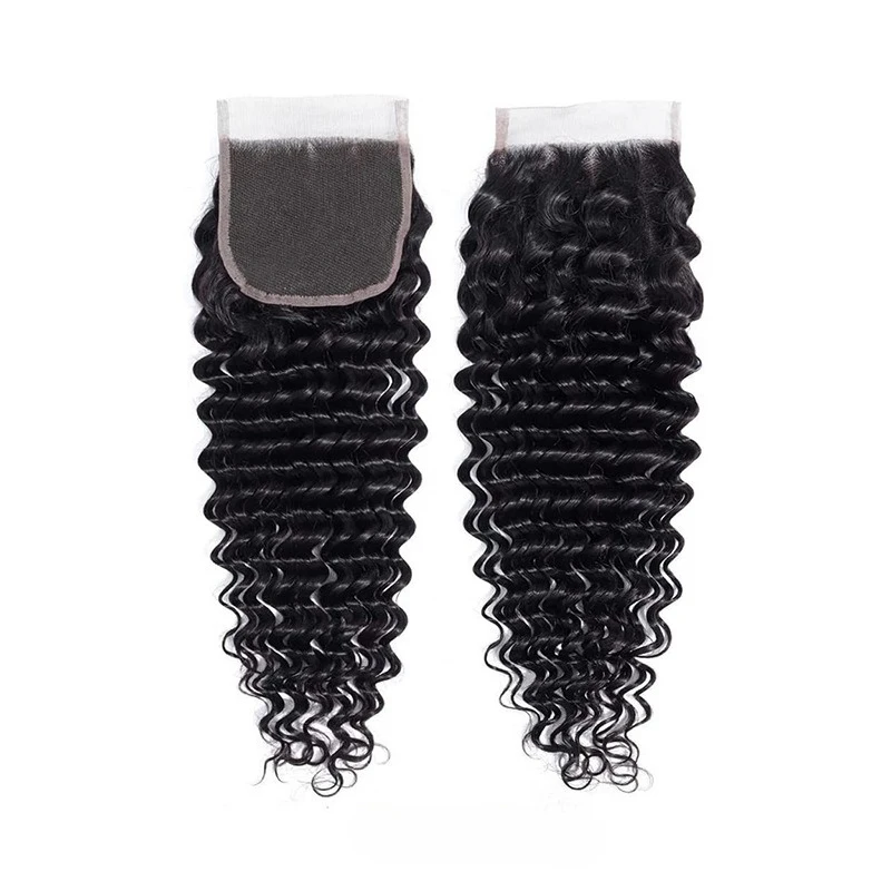 Capelli umani lisci crespi ad acqua profonda Chiusura in pizzo 4x4 Pre-pizzicati Densità del 150% Capelli vergini brasiliani con estremità completa 10-20 pollici