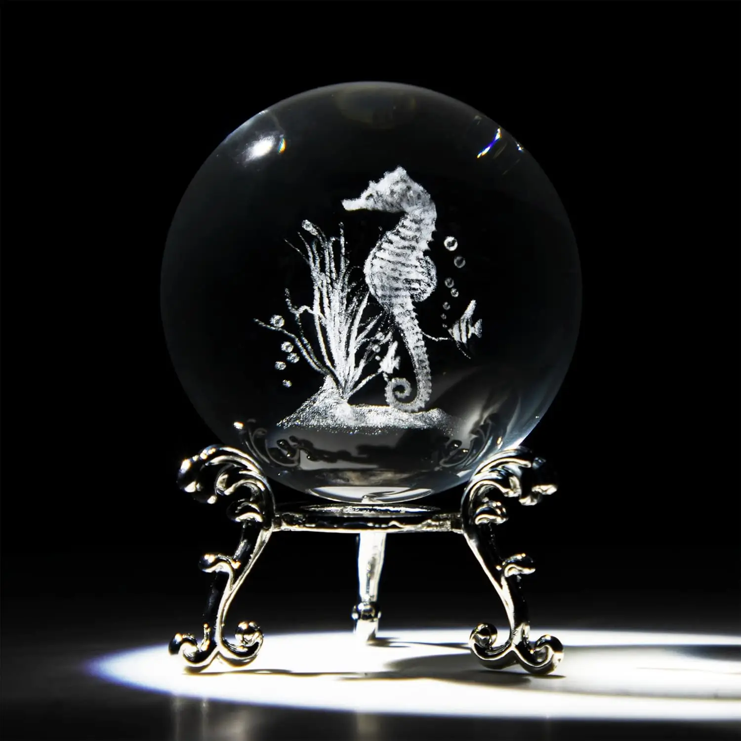 6cm Sea Horse Crystal Ball 3D Laser Engraving Decorative Sea Horse Mode Glass Sphere Paperweight Figurines Home Ornament Decor