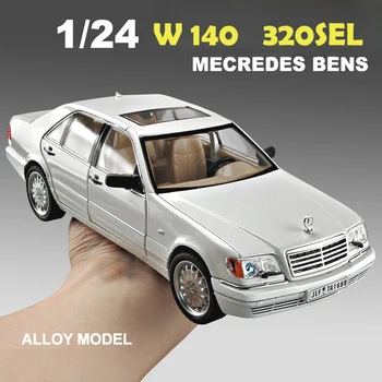 Simulation 1/24 Scale Benzs W140 320SEL Nostalgic Car Model with Sound Light Diecast Alloy Toy Vehicle Collective Voiture for Children