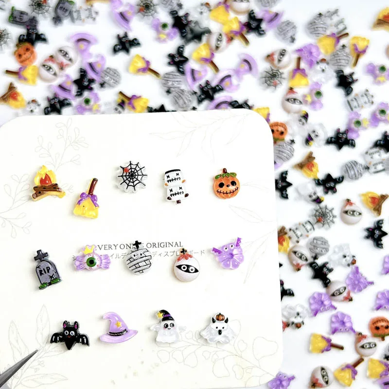 50PCS 3D Cartoon Resin Angel Ghost Tombstone Nail Art Charms Funny Pumpkin Monster Halloween Series Festival Nail Decoration DIY