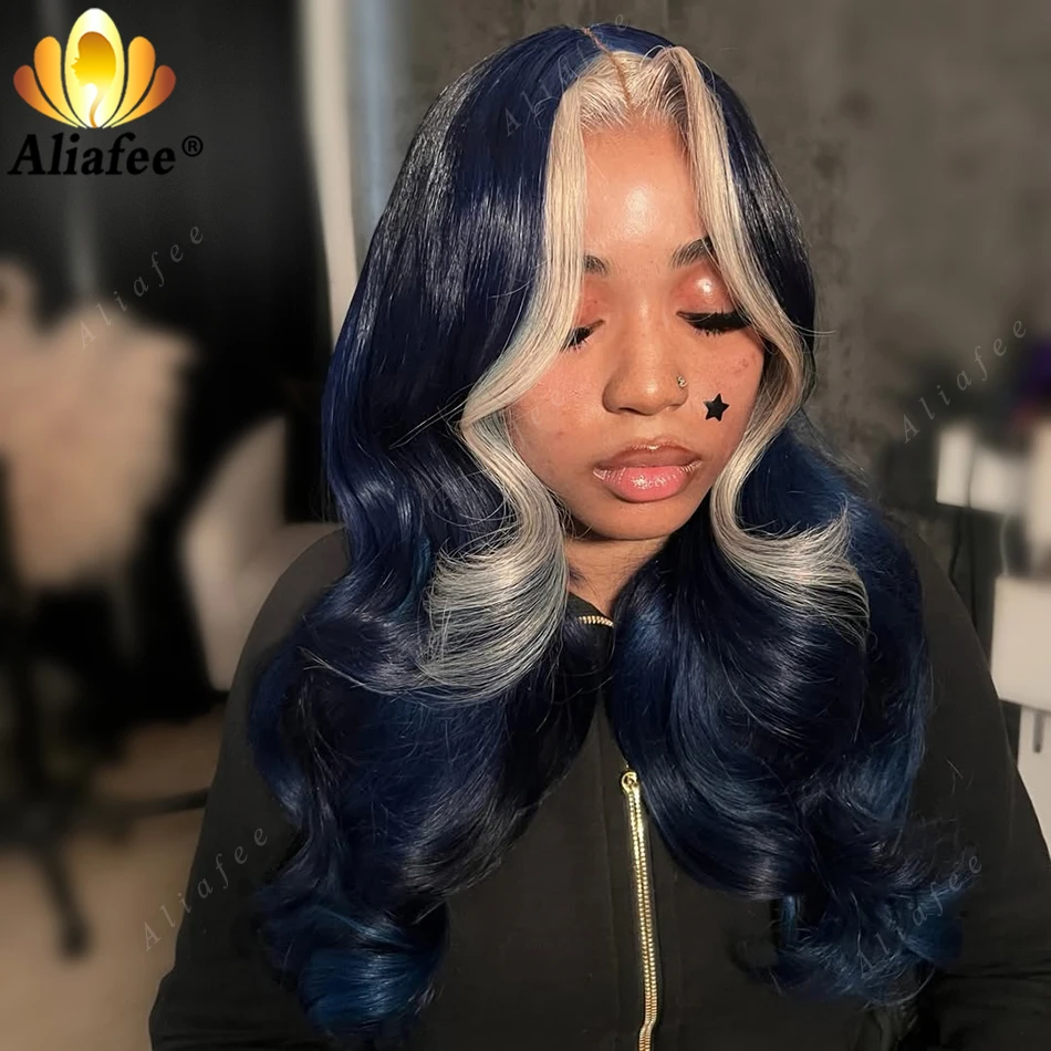Dark Navy Blue Platinum Blonde Highlight 13x6 Hd Transparent Lace Frontal Body Wave Human Hair Wig Middle Part Soft Big Wavy Wig