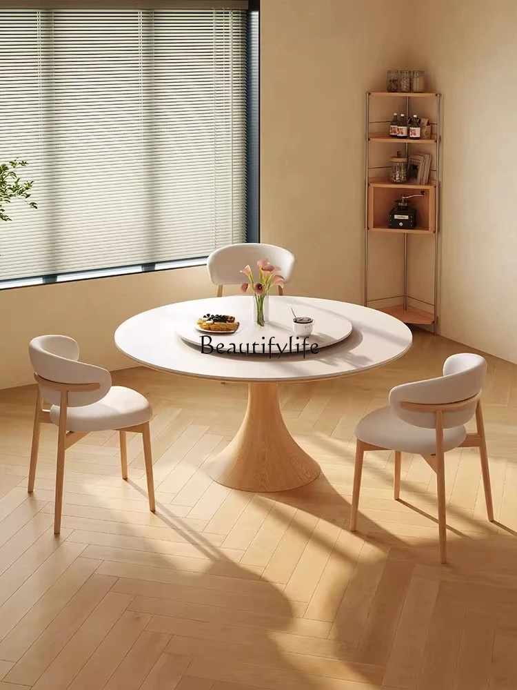 Japanese-style solid wood round table with turntable log style dining table ash wood round