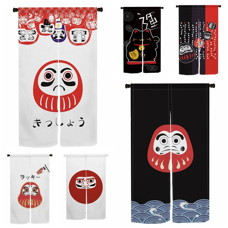 Japanese Lucky Daruma Doll Noren Door Curtains Cat Wave Design Linen Doorway Curtains For Home Decor Room Divider Half Curtains