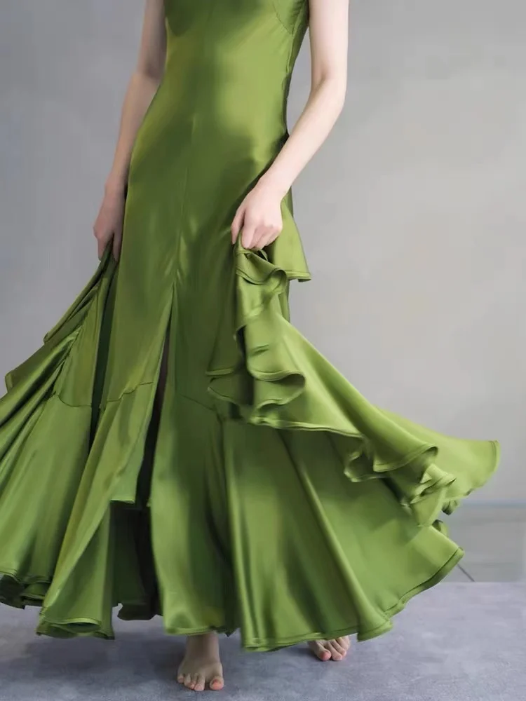 Vestido de noche de satén de acetato de alta gama de nicho verde, vestido de novia tostado, boda