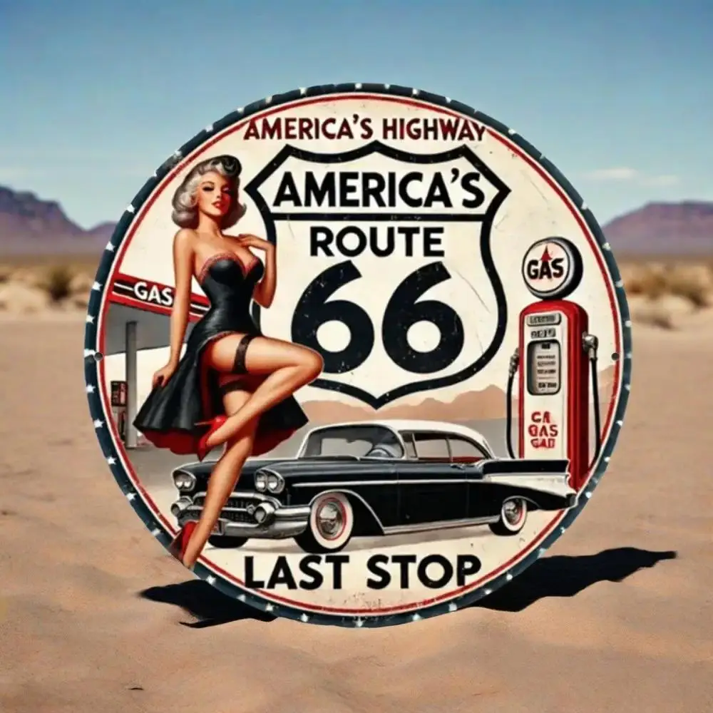

Wall Art，Vintage Route 66 Metal Sign Featuring Pin - Up Girl And Classic Car Design - Ideal For Bar Cafe Club Kitchen Wall Decor