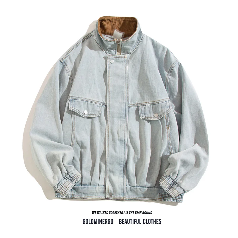 

Ретро-джинсовая куртка в американском стиле с воротником-стойкой, винтажная, унисекс, для пар, в стиле Cleanfit