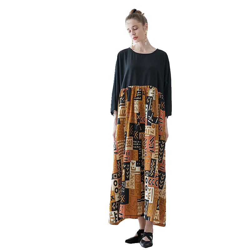 Afslankende losse lange zomer Dr C8 Zen artistieke vintage Sle bedrukte jurk met Sa A-lijn rok Acht-Sleeve Maxi Dr