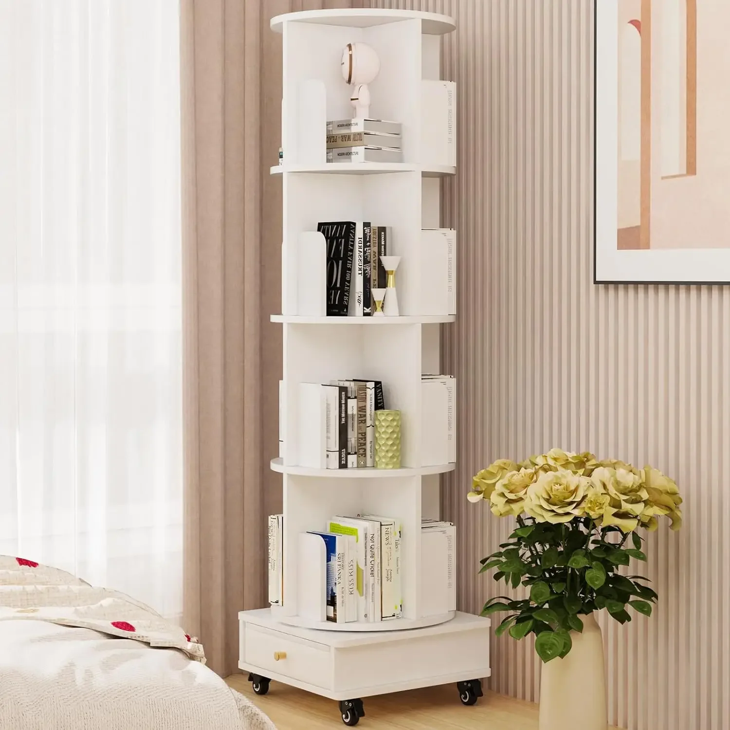 Wooden 4 i layer Corner Bookshelf Can Rotating Movable Bookshelf With Single Drawer/Wheels/Storage Shelf For Study/Bedroom/Home
