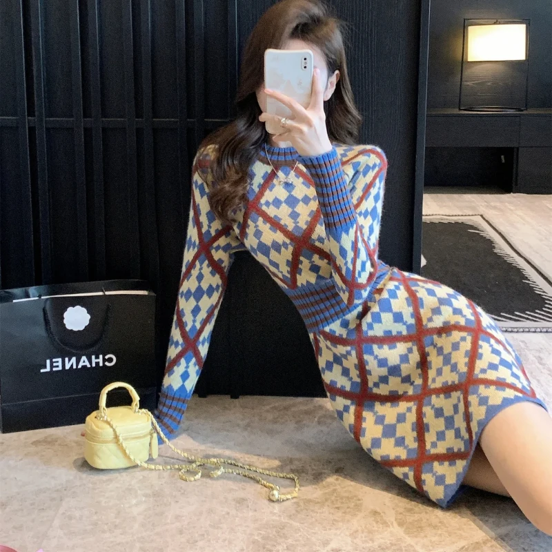 Crochet Dresses for Women Korean Style Bodycon Woman Knitted Dress Long Sleeve Kpop Full X Clothes Elegant Party One-piece Y2k G