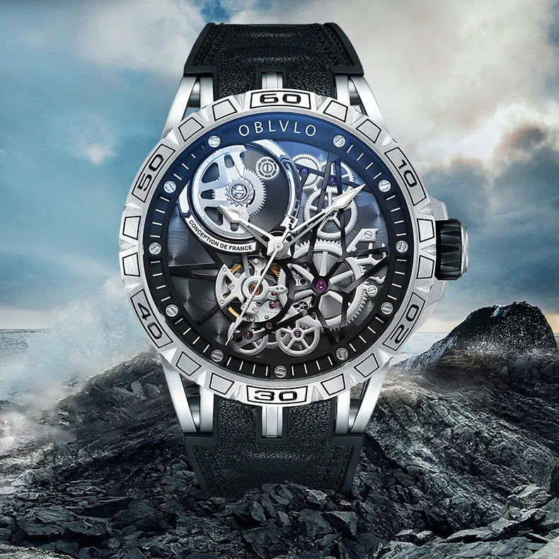 OBLVLO Men Automatic Watch 47MM Fashion Mechanical Wristwatch Waterproof Sapphire Luminous Skeleton Dial