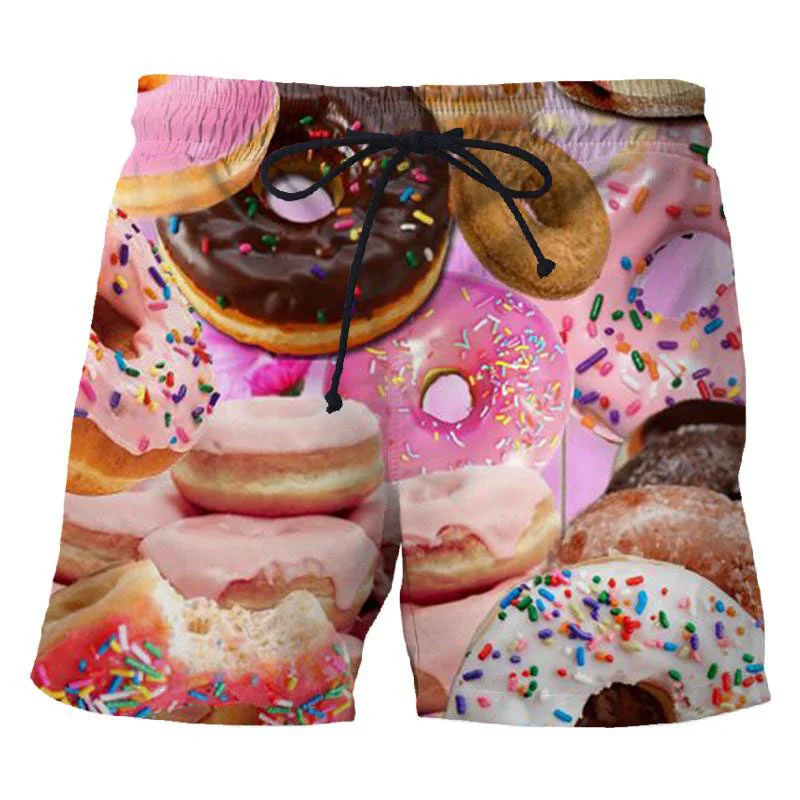 Food Donuts 3D Printed Men\'s Short Pants Cute Chocolate Pattern Board Shorts Personality Unisex Casual Beach Swimming Trunks