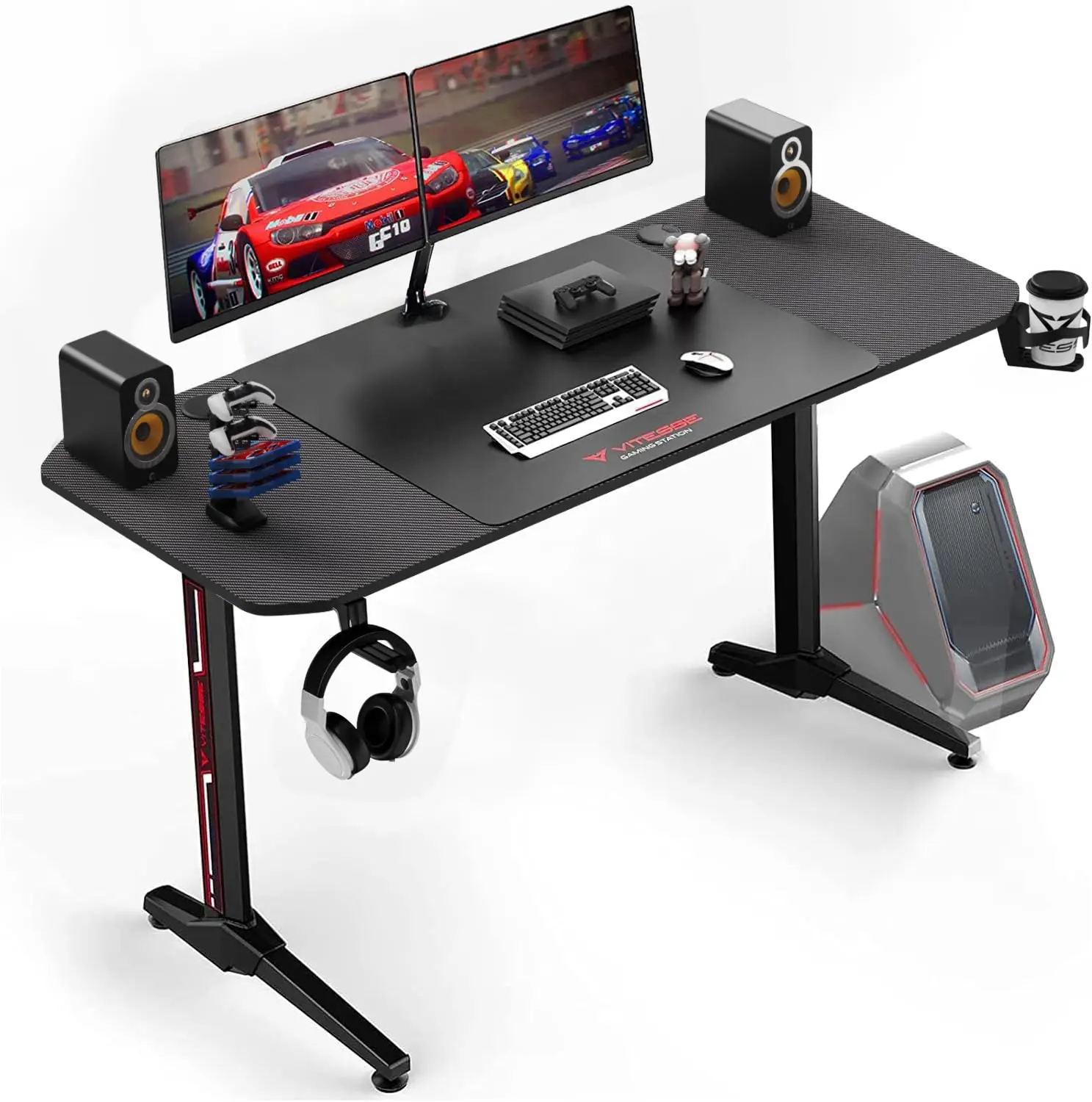 

Ergonomic Gaming Desk 55", T Shaped PC Computer Desk with Mouse Pad, Handle Rack, Cup Holder & Headphone Hook, Customized