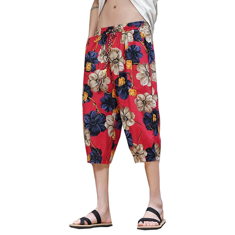 

Лето 2025 года, повседневные свободные шорты в китайском стиле, брюки длиной до икры, мужские брюки, хлопково-льняные короткие мужские шаровары с принтом