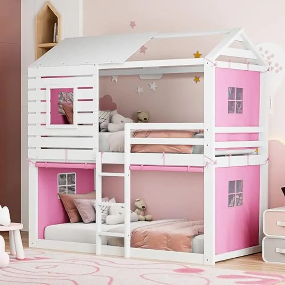 Twin Size Wood House Bed Frame with Tent Pine Wood and MDF Fun & Adorable Tree House Design No Box Spring Needed Pink White